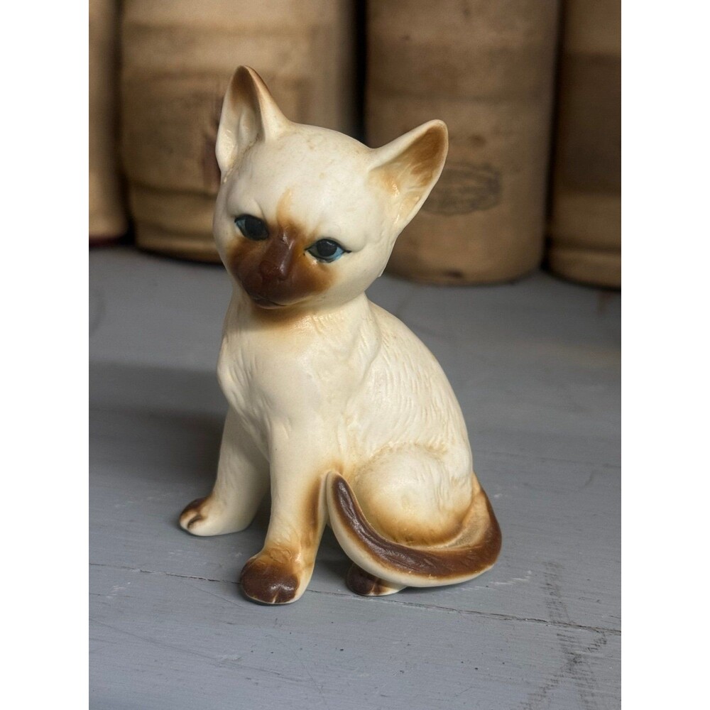 Vintage Siamese Cat Figurine Ceramic Kitten Blue Eyes Mid Century Japan Style